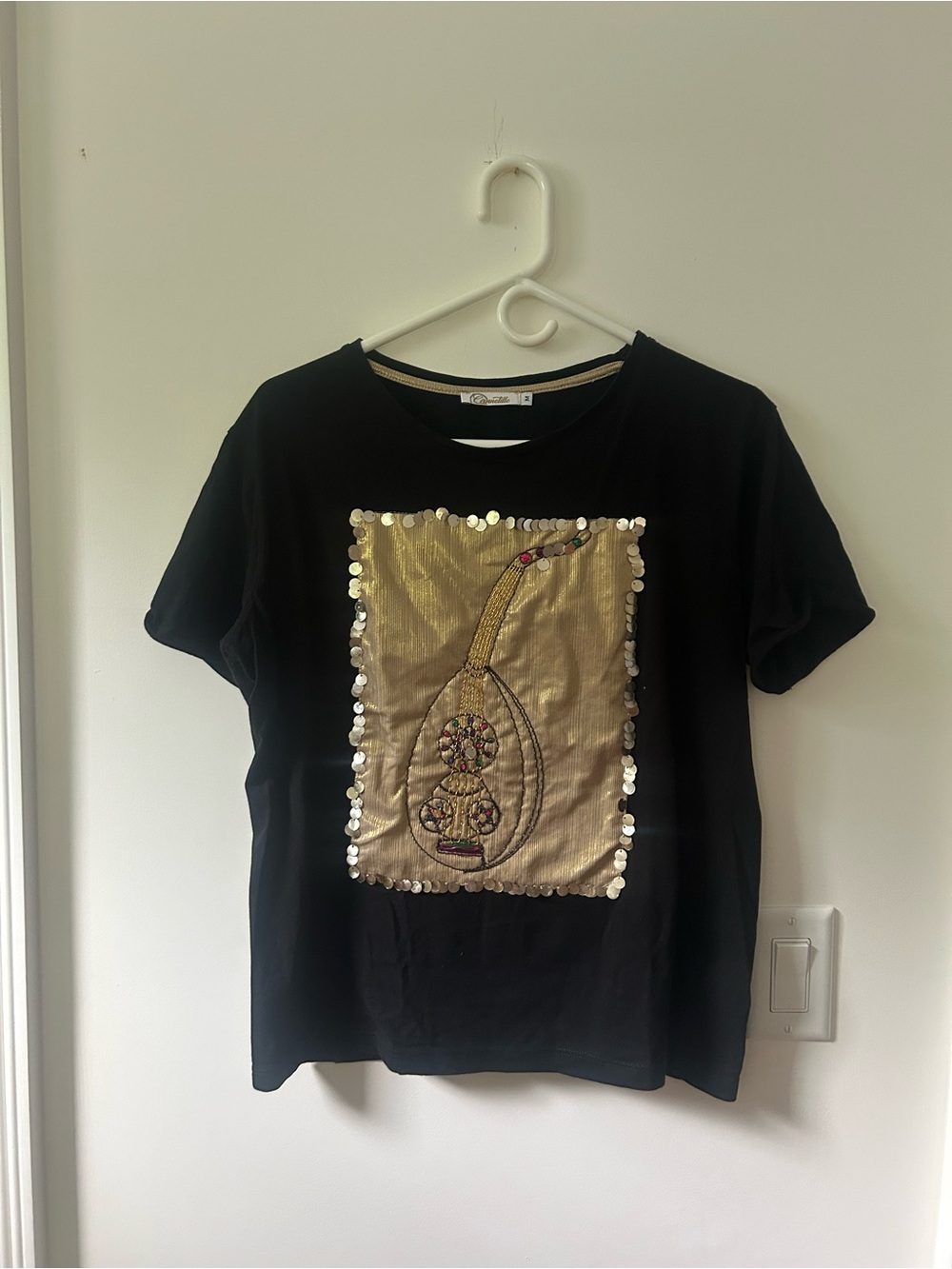 Kids Black Short-Sleeve Top with Gold Sequin Panel